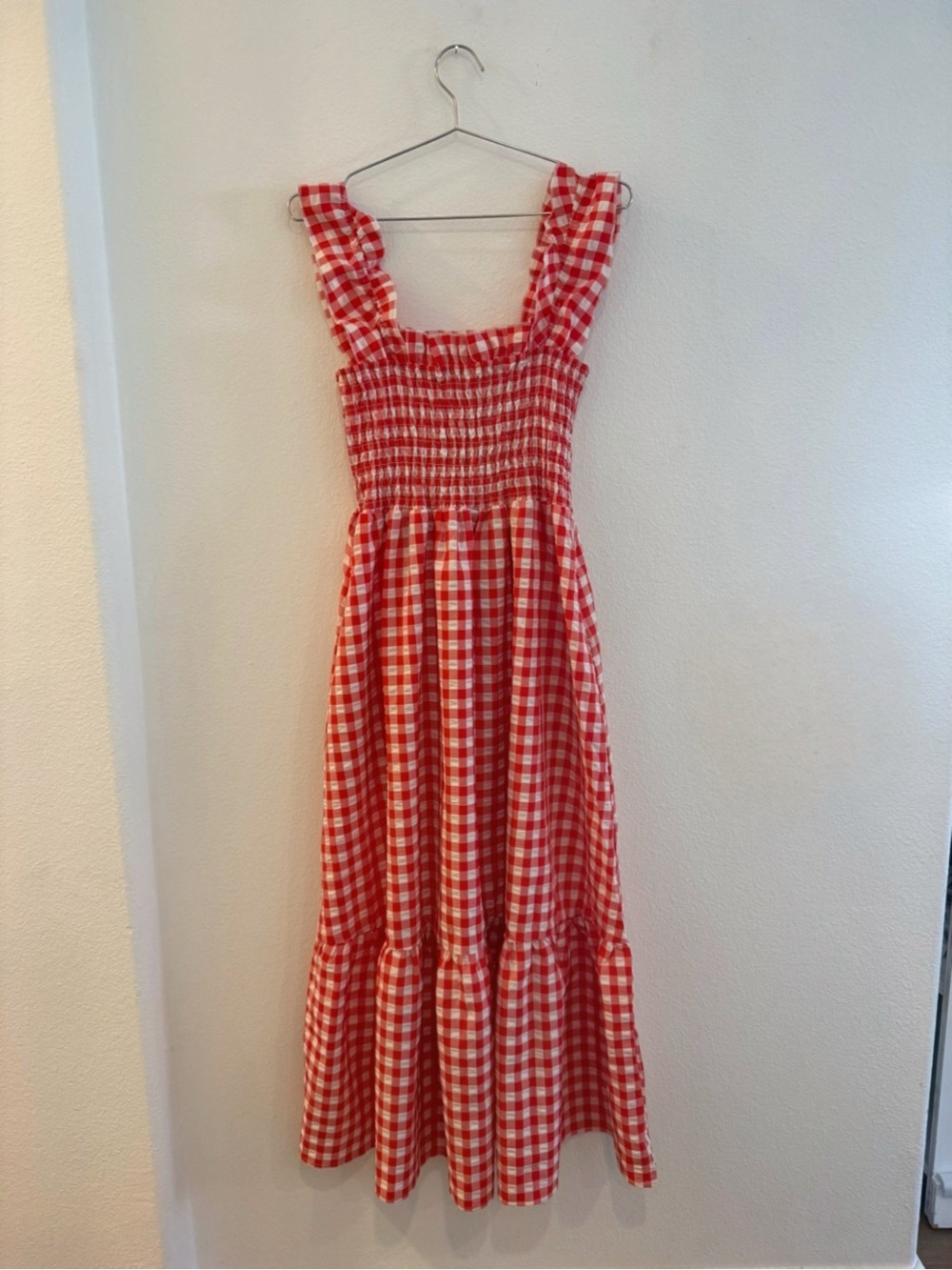 Red Gingham Smocked Maxi Dress with Ruffled Straps